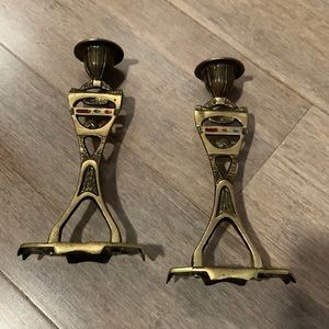 𝅺PAIR Vintage 50's Wainberg Judaica Hebron Bronze Candle Sticks 6 1/4"